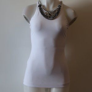 WOMENS CHRISTINA MAKOWSKY WHITE SILVER-TONED JEWELED NECK TOP XS *